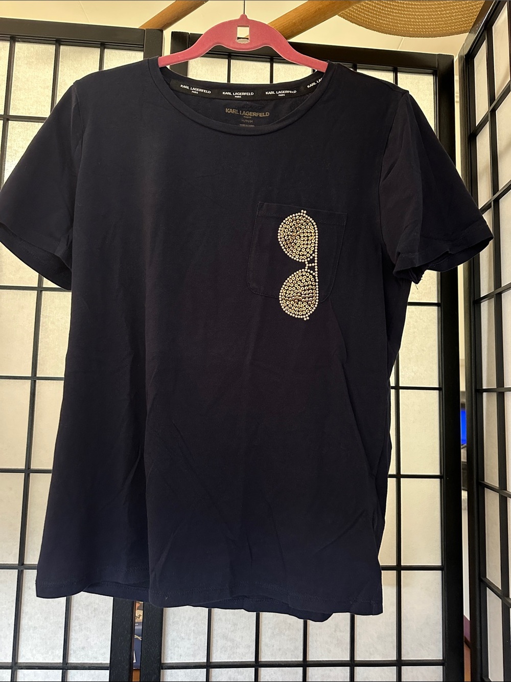 Super cute Karl Lagerfeld Black Tee with Crystal Sunglasses Pocket
